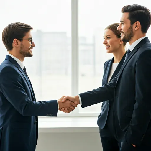 Profesionales de negocios dándose la mano en una oficina luminosa